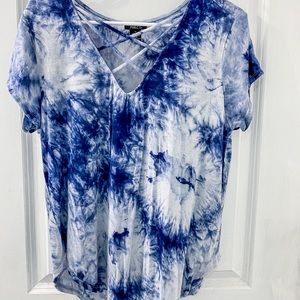 Tie dyed blue and white crisscross blouse